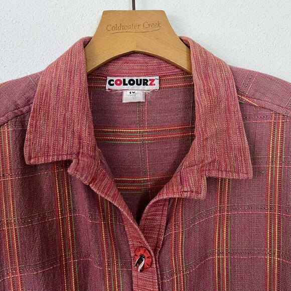 Vintage 90s Red Cotton Plaid Top Faded Check Oversized // Plus Size 1X or XXL - Picture 2 of 3